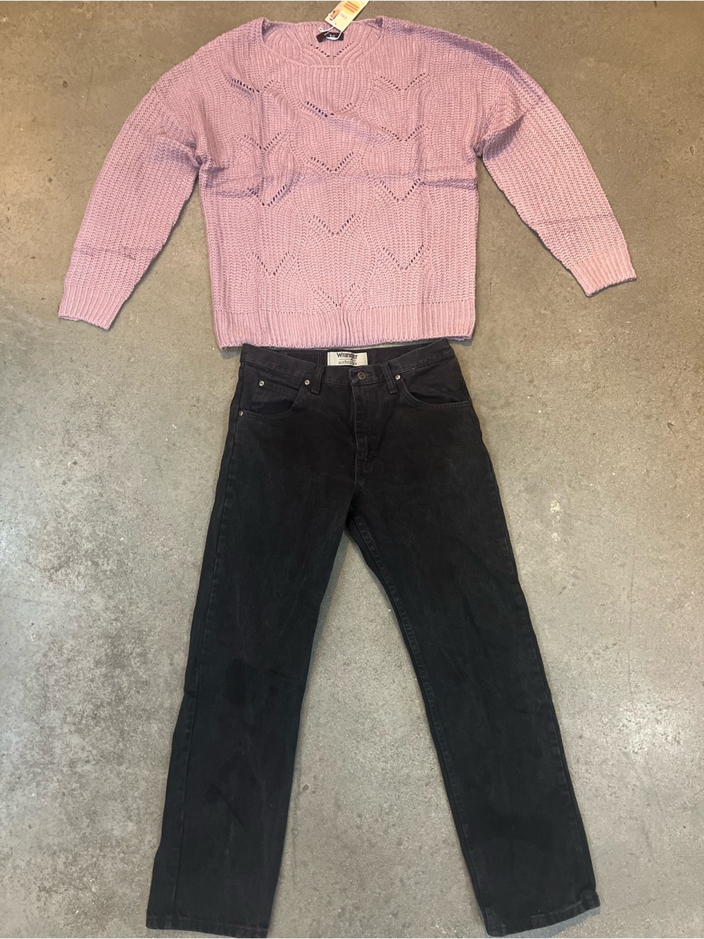 Wrangler Black Straight-Leg Jeans and Purple Knit Sweater